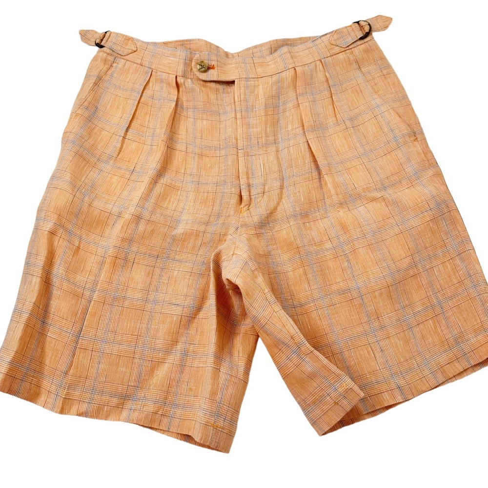 Peter Millar Orange with Subtle Plaid 100% Linen Shorts - NWOT